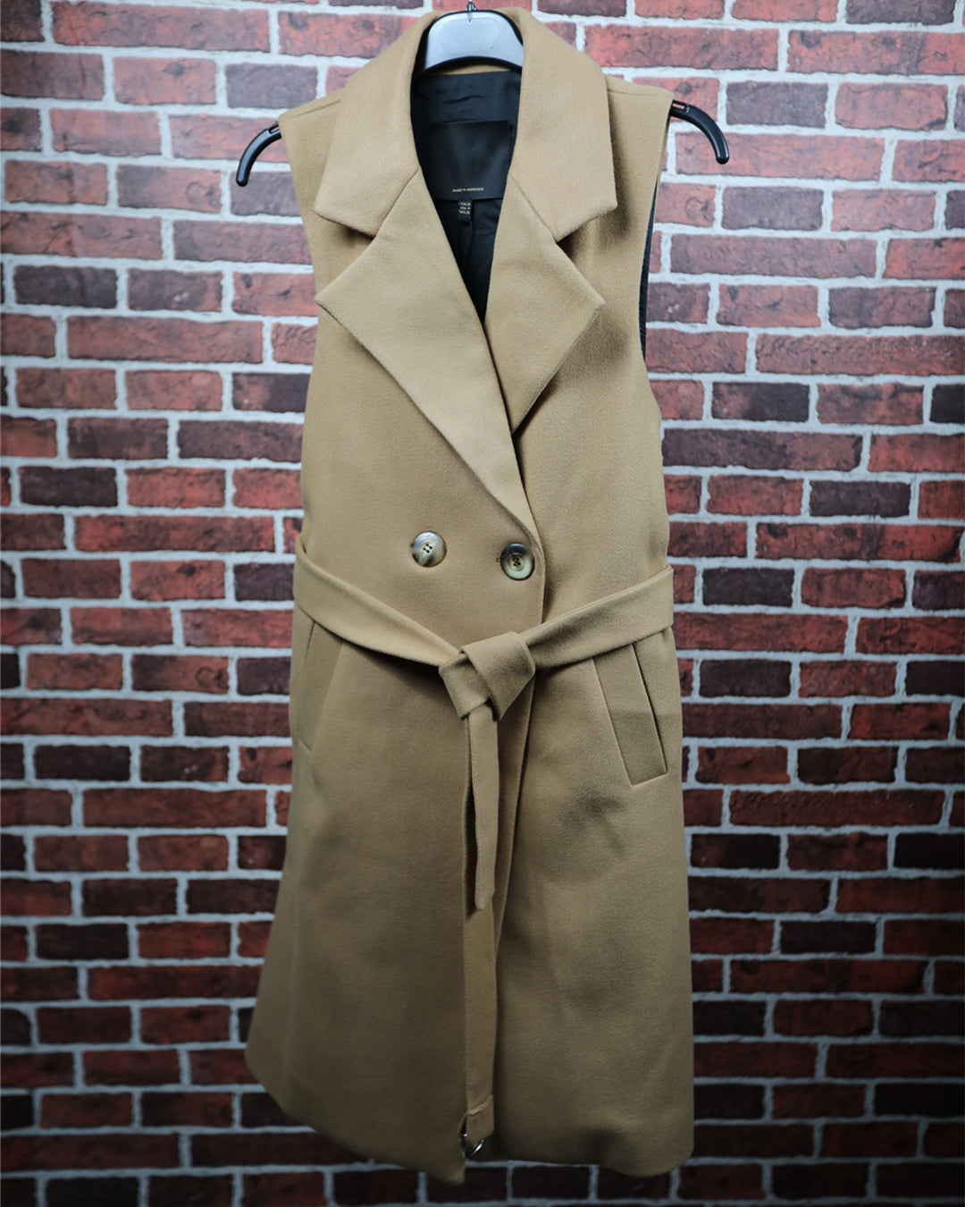 Manteau Long Sans Manches Laine Mélangée avec Ceinture