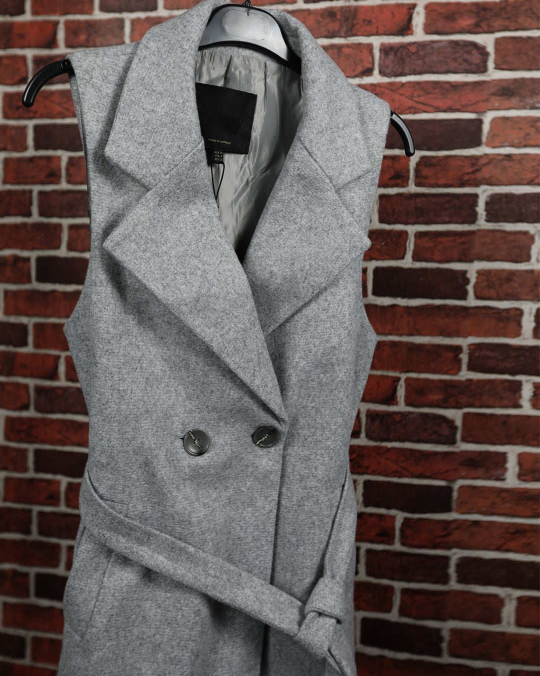 Manteau Long Sans Manches Laine Mélangée avec Ceinture