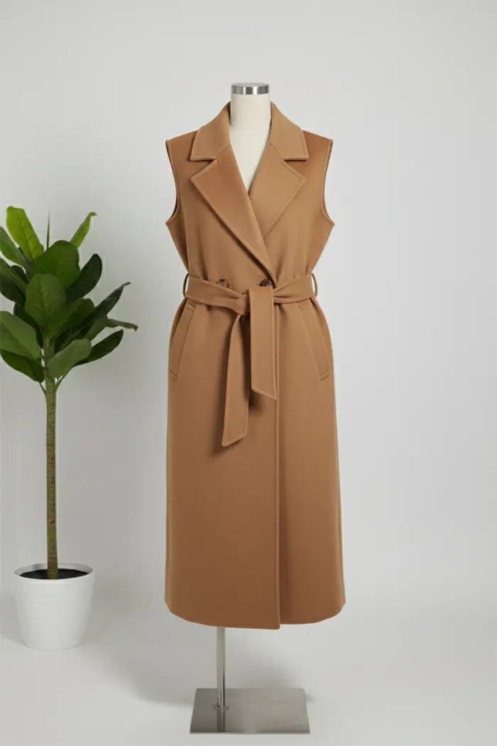 Manteau Long Sans Manches Laine Mélangée avec Ceinture