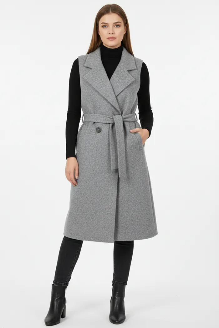 Manteau Long Sans Manches Laine Mélangée avec Ceinture