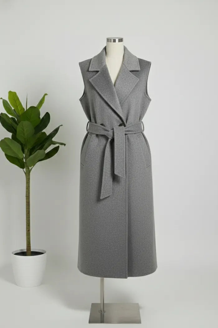 Manteau Long Sans Manches Laine Mélangée avec Ceinture