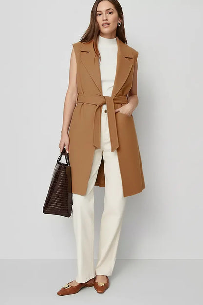 Manteau Long Sans Manches Laine Mélangée avec Ceinture